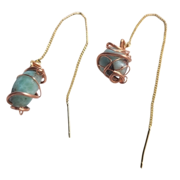18K Gold Plated Brass Larimar Threader Wire-Wrapped Earrings - Picture 1 of 3